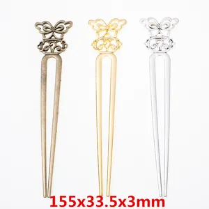 Set di tre forcine per capelli a farfalla in lega bronzo, oro e argento, 155x33mm