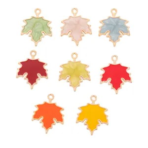 Set of 8 colorful maple leaf alloy charms for DIY jewelry making with gold edges