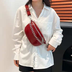 Chic red patent leather crescent chest bag with silver chain for women stylish crossbody