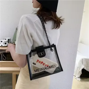Dettaglio borsa a tracolla in PVC trasparente con bordo in pelle nera e catena