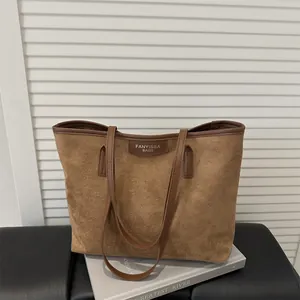 Vintage large capacity tote bag in brown suede with durable top handles for daily commute