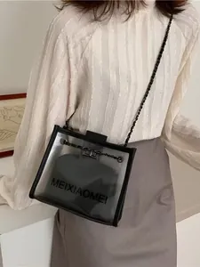 Dettaglio della borsa a tracolla in PVC trasparente con pochette nera e catena in metallo