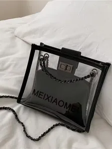 Dettaglio della borsa a tracolla in PVC trasparente con finiture in pelle nera e chiusura