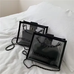 Dettaglio della borsa tote trasparente in PVC con pochette interna nera e chiusura in metallo
