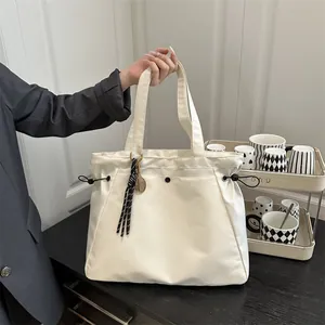 Women Large Capacity Nylon Tote Bag Urban Minimalist Casual Shoulder Bag With Drawstring Side Detail And Pendant For Office School Daily Use