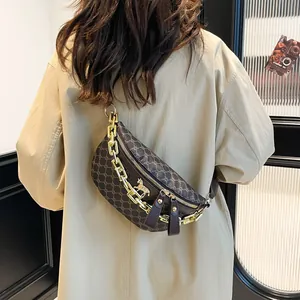 Vintage Monogram Chest Bag For Women Retro PU Leather Waist Bag With Gold Chain Fashion Crossbody Bag Horse Metal Buckle