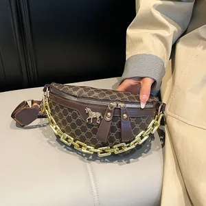 Retro brown crossbody chest bag with monogram print and golden horse bit chain detail