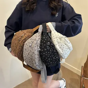 Japanese style corduroy chest bag with floral heart print and adjustable shoulder strap