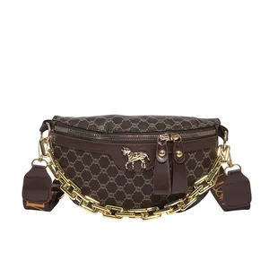 Retro brown monogram belt bag with gold chain and embroidered wide shoulder strap
