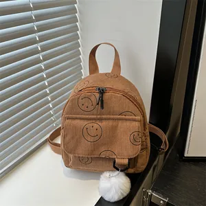 Japanese Style Smile Pattern PU Leather Mini Backpack For Women Casual Lightweight Simple Small Daypack With Plush Ball Decoration