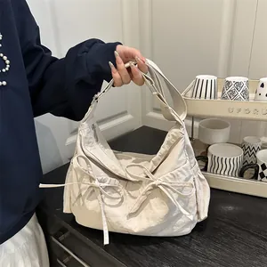 Women Large Capacity Pleated Messenger Bag Niche Design Bow Crossbody Bag Adjustable Strap Versatile Commuter Shoulder Bag