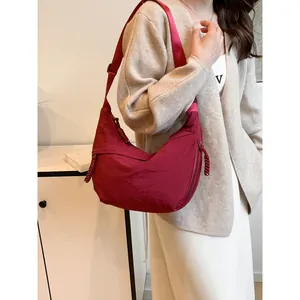 Women Casual Nylon Hobo Bag Large Capacity Crescent Shoulder Bag With Braided Zipper Pull Adjustable Strap Daily Travel Bag