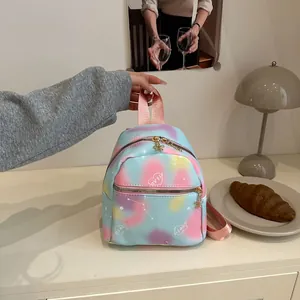 Colorful gradient mini backpack with heart print and floral zipper for casual students