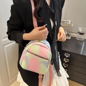 Mini women's backpack with macaron gradient tie-dye pattern and golden hardware details