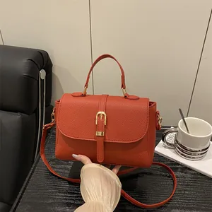 Vintage Litchi Texture PU Leather Crossbody Bag For Women Fashion Small Square Handbag With Top Handle Gold Buckle Flap