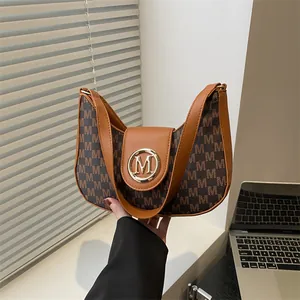 Women's Vintage Letter Print Underarm Bag In PU Leather With Golden Metal Buckle Fashion Shoulder Hobo Bag For Casual Commuting
