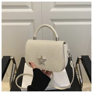 Macro detail of beige woven texture bag with sparkling star emblem and silver hardware