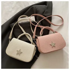 Textured tote bag with rhinestone star in beige and pink, stylish crossbody for women