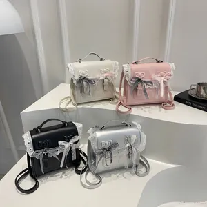Women Mini Backpack Lolita Style Lace Bow PU Leather Sweet JK Academy School Bag Handbag For Girls White Pink Black Silver