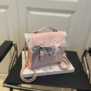 Pink PU leather backpack with lace trim and bow decorations for women fashion