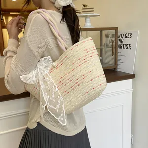 Woven Straw Tote Bag For Women Summer Beach Vacation Handbag With Lace Bow Artificial Pearl Decor Sweet Polka Dot Shopper Bag