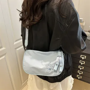 Fashionable light blue nylon pillow bag with CHOU DN embroidery and wide shoulder strap