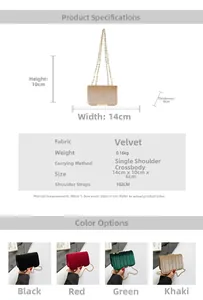 Detailed specs of the mini velvet chain crossbody bag showing size and color options