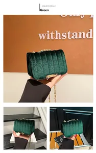 Macro shot of dark green velvet fabric texture and gold chain on the square bag