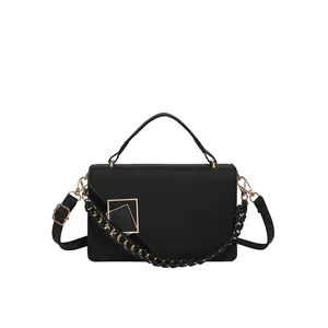 Classic black PU leather flap handbag with gold metal clasp and chain-braided handle