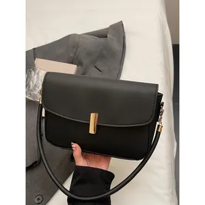 Minimalist PU Leather Shoulder Bag With Gold Metal Lock Rectangular Flap Crossbody Handbag For Urban Women Daily Fashion
