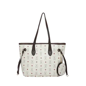 Large capacity tote bag with bear print and small round purse on white background