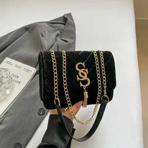 Fashion Velvet Quilted Crossbody Bag For Women Luxury Gold Chain Shoulder Bag With Tassel Letter Decoration Small Square Bag