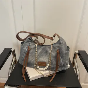 Sac à Épaule en Denim Délavé Vintage pour Femme Avec Chaîne en Métal Künstliche Perle Grande Capacité Sac Cabas Mode Décontracté
