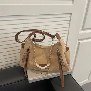 Vintage Women Large Capacity Shoulder Bag Denim Canvas Tote Bag With Artificial Pearl Chain And Tassel Bohemian Style Fashion Handbag