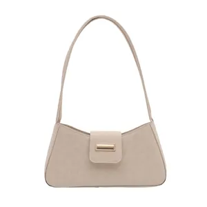 Borsa a spalla beige minimalista con texture goffrata e fibbia dorata