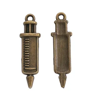 Vintage bronze alloy medical syringe pendants for DIY jewelry making from both sides