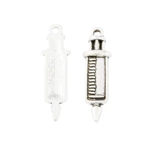 Vintage silver medical syringe charms for DIY jewelry making in retro alloy metal finish