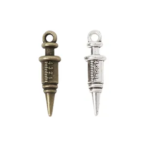 Retro zinc alloy syringe charms in bronze and silver finishes for DIY jewelry making