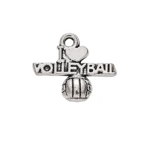 Retro silver alloy volleyball pendant with I Love Volleyball engraving for DIY jewelry