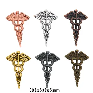 Vintage Alloy Caduceus Medical Symbol Wings Snakes Charm For DIY Jewelry Making Antique Gold Silver Bronze Pendants