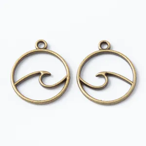 Set of two vintage bronze round ocean wave pendants for DIY jewelry making accessories