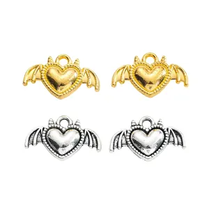 DIY metal alloy heart-shaped pendants with bat wings in gold and silver finishes