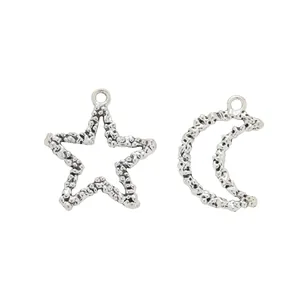 Vintage silver star and moon pendants with hammered metal texture for DIY jewelry making