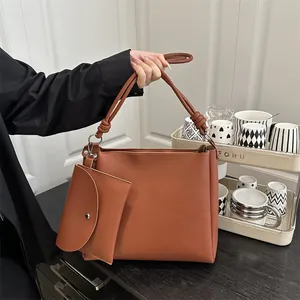 Women Minimalist PU Leather Tote Bag And Detachable Pouch Large Capacity Shoulder Bag Knot Detail Urban Commuter Handbag