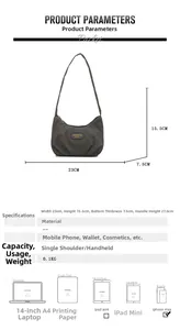 Detailed size specifications for dark grey ruched shoulder bag with capacity guide