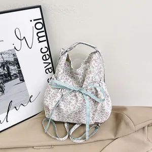 Women Floral Print Nylon Shoulder Bag Cute Bow Drawstring Backpack Korean Style Pastoral Crossbody Tote Bag Daily Travel Handbag
