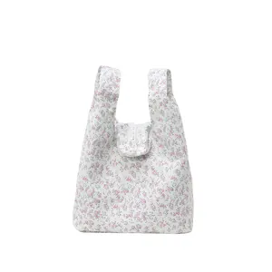 Floral print bucket bag with lace trim and cream floral patterns for women