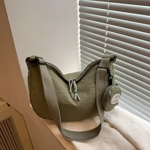 Women Korean Style Nylon Half Moon Crossbody Bag Casual Solid Color Hobo Bag With Small Round Pouch Adjustable Shoulder Strap
