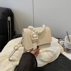 Women Elegant Mini Crossbody Bag With Artificial Pearl Handle Woven Texture PU Leather Satchel Bag Elegant Handbag For Party Daily Fashion Shoulder Bag