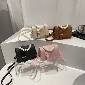 Mini pearl chain crossbody bags in four colors with woven texture and square buckles